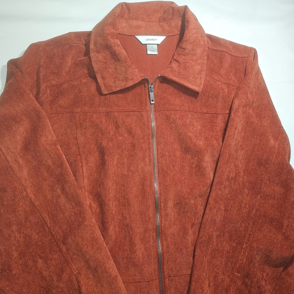 CJ Banks Womens 1X Rust Orange Faux Suede Full Zip Jacket Lightweight Coat
